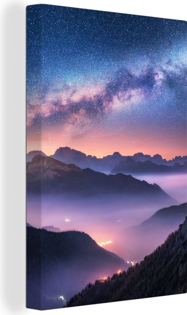 OneMillionCanvasses - Leinwandbilder - 90x140 cm, Berge - Sternenhimmel - Nebel, Wandbilder Kunstdruck Wanddekoration - Foto auf Leinwand - Gemä...