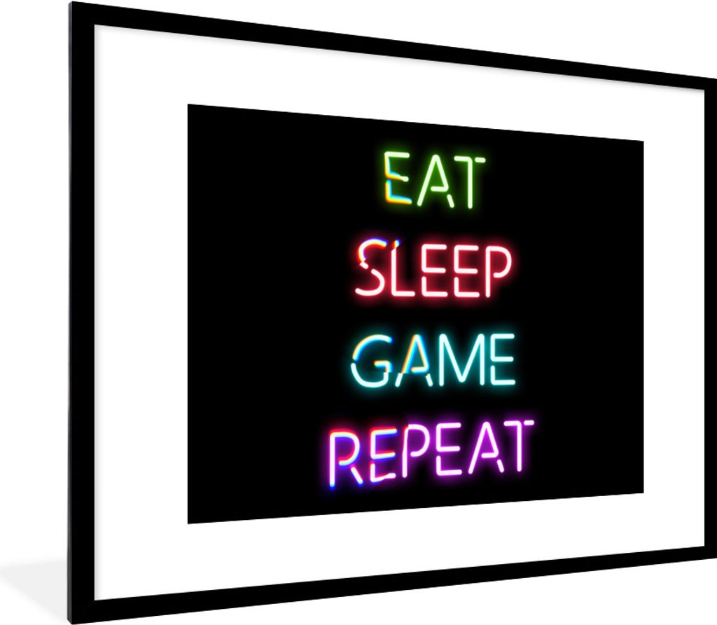 MuchoWow Gerahmtes Poster Gaming - Led - Zitat - Eat sleep game repeat - Gaming 80x60 cm - Poster mit Schwarzem Bilderrahmen Wandposter Rahmen Fo...