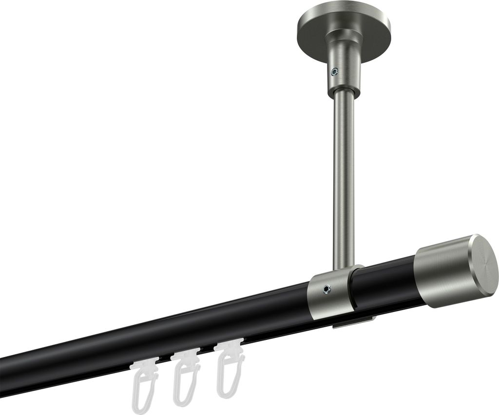 Interdeco Innenlaufstange / Gardinenstange mit Innenlauf Schwarz / Edelstahl-Optik, Typ Sonette Santo (Kappe) Deckenmontage, 20 mm Ø 1-läufig, 48...