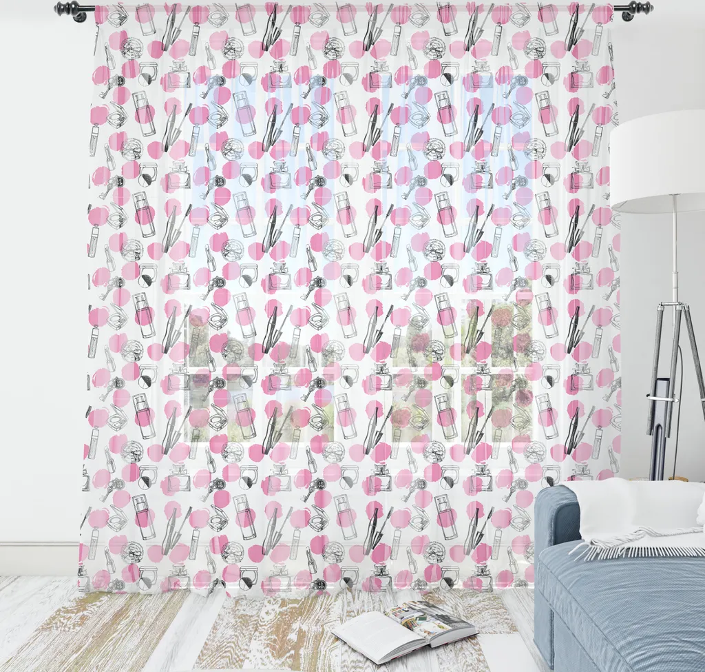Tapisserie satinée motif cosmétiques 240x274cm imprimé Sketchy Dots rose
