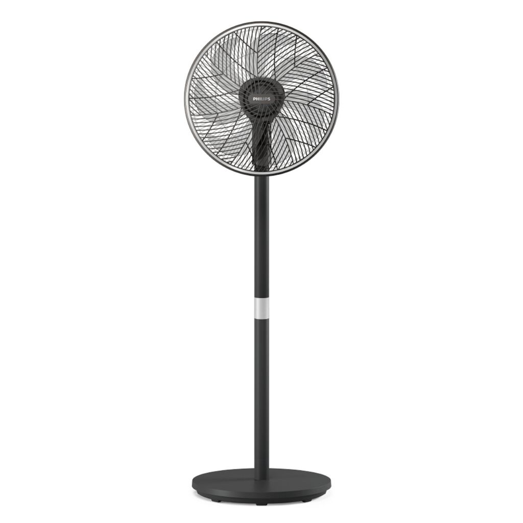 A black standing fan on a white background.