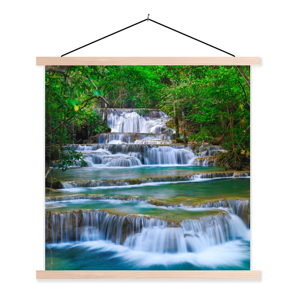 MuchoWow Textilposter Wasserfall - Bäume - Natur - Dschungel 40x40 cm mit holzfarbenen Rahmen - Posterleiste