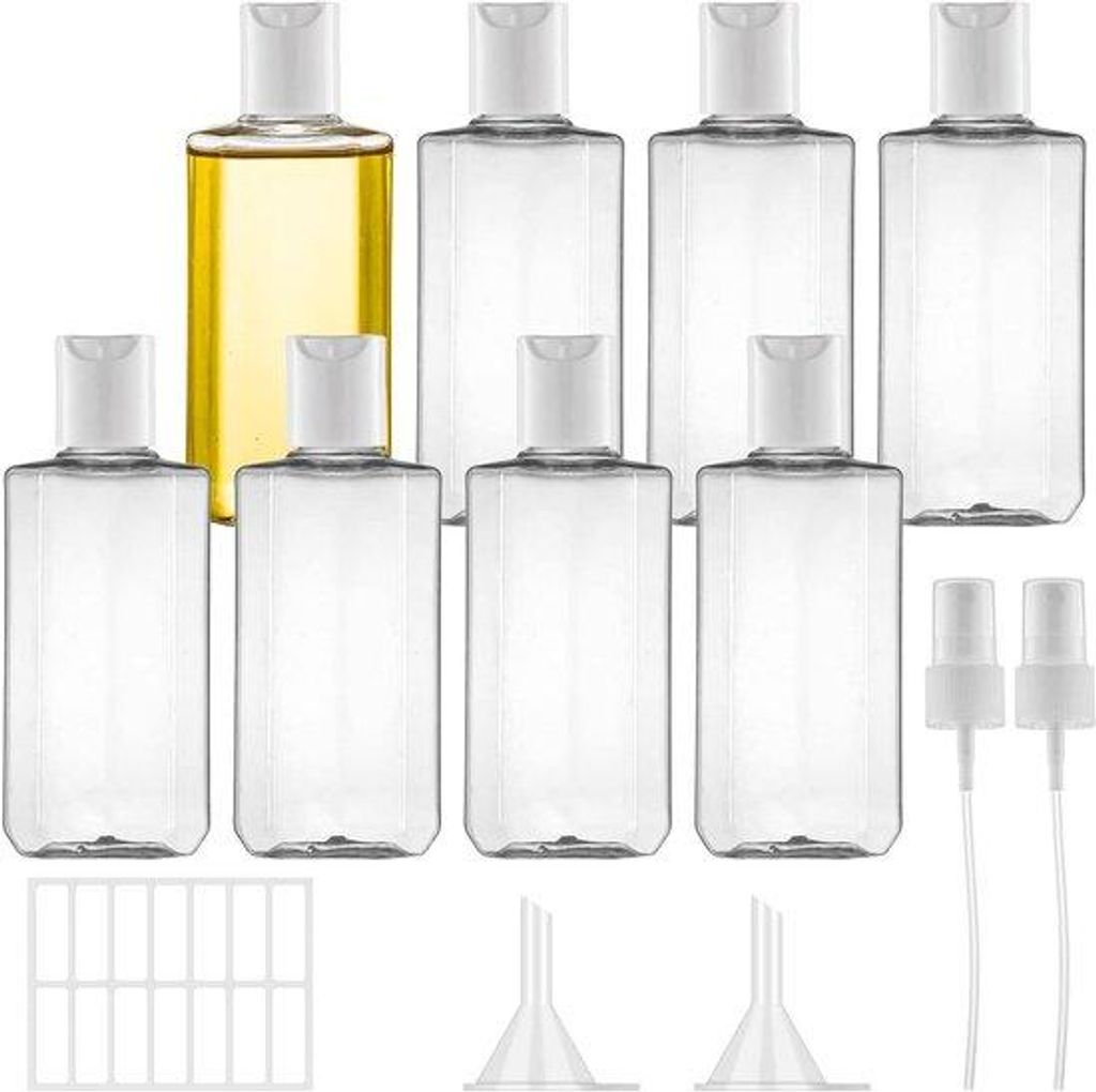 Reise-Duschkästchen, 8-teilig, 100 ml, durchsichtig, mit Sprühdüse, Schöpfer und Etikett - ideale Zusammenstellung für Flugreisen, Seifenset, ...