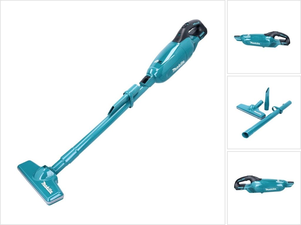 A teal and black Makita cordless vacuum cleaner with various attachments is displayed against a white background.