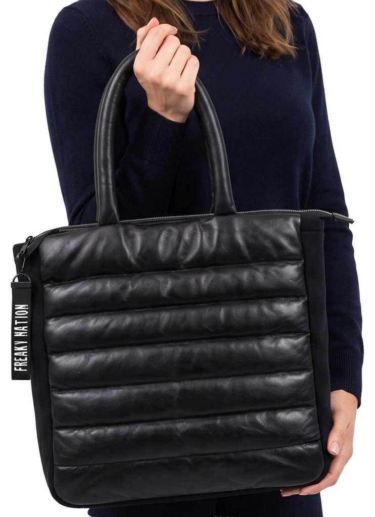 Freaky Nation - Damen Lederhandtasche Lammnappa Materialmix schwarz