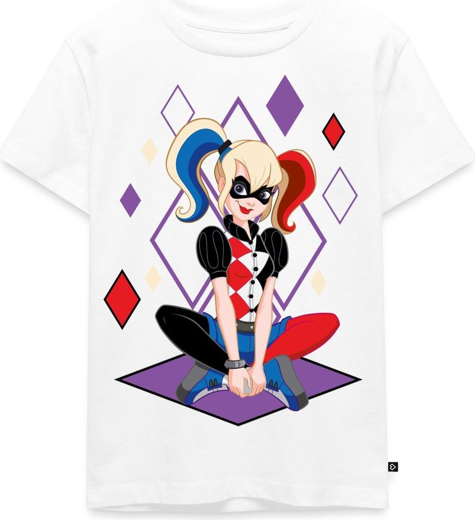 Spreadshirt Super Hero Girls Harley Quinn Kinder Premium T-Shirt, 122/128 (6 Jahre), Weiß