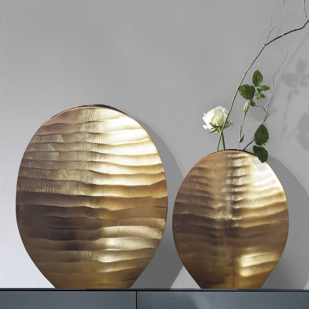 WOHNLING Deko Vase 2er Set Aluminium Gold Blumenvase Wellenmuster Modern Dekovase Rund 2-teilig für Blumen Alu Tischvase Wohndeko Metall Tischdeko