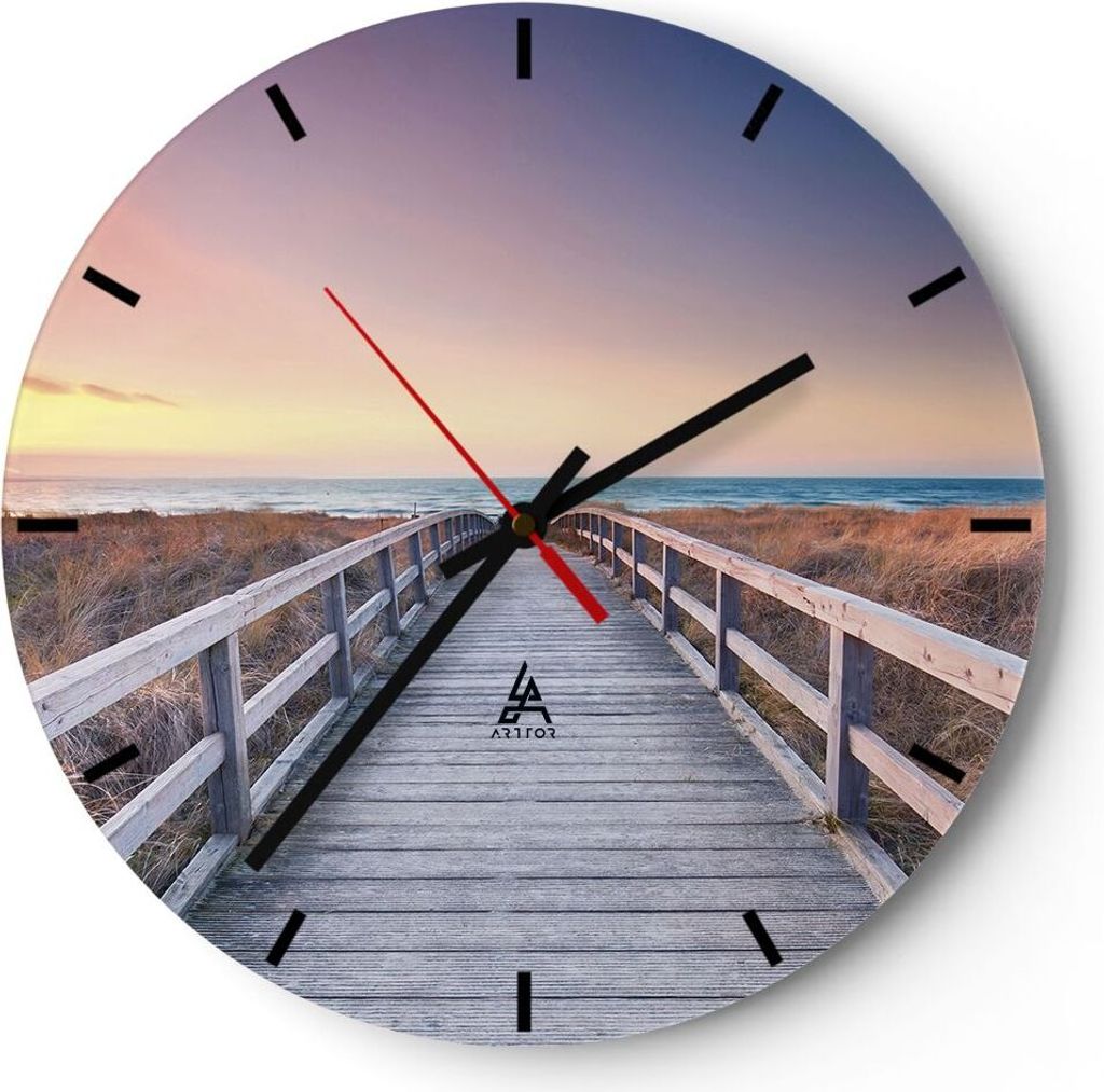Wanduhr - Rund - Glasuhr - Weg Meer Brücke - 30x30cm - Schleichendes Uhrwerk - Lautlos - zum Aufhängen bereit - Dekoration Modern - Wanddekoratio...