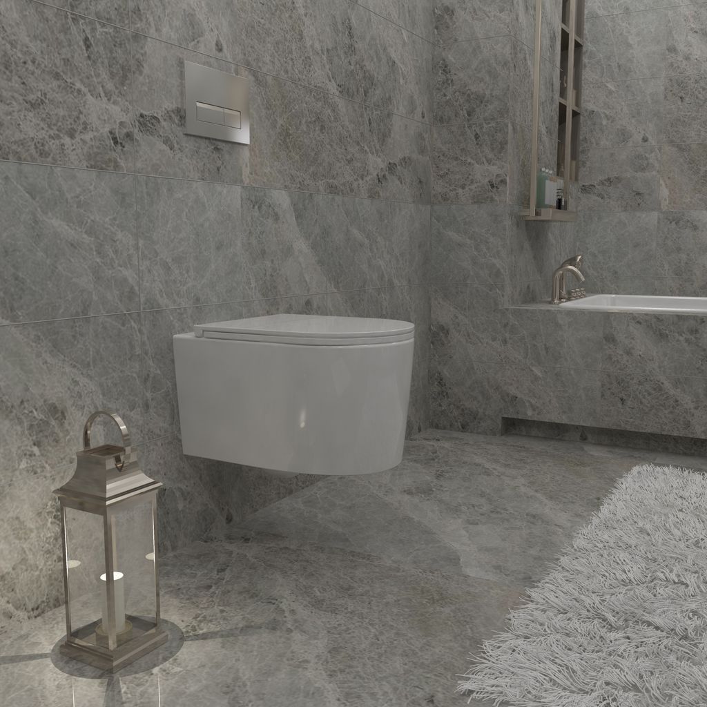 A modern bathroom with a wall-mounted toilet, marble-effect tiles, and a lantern.