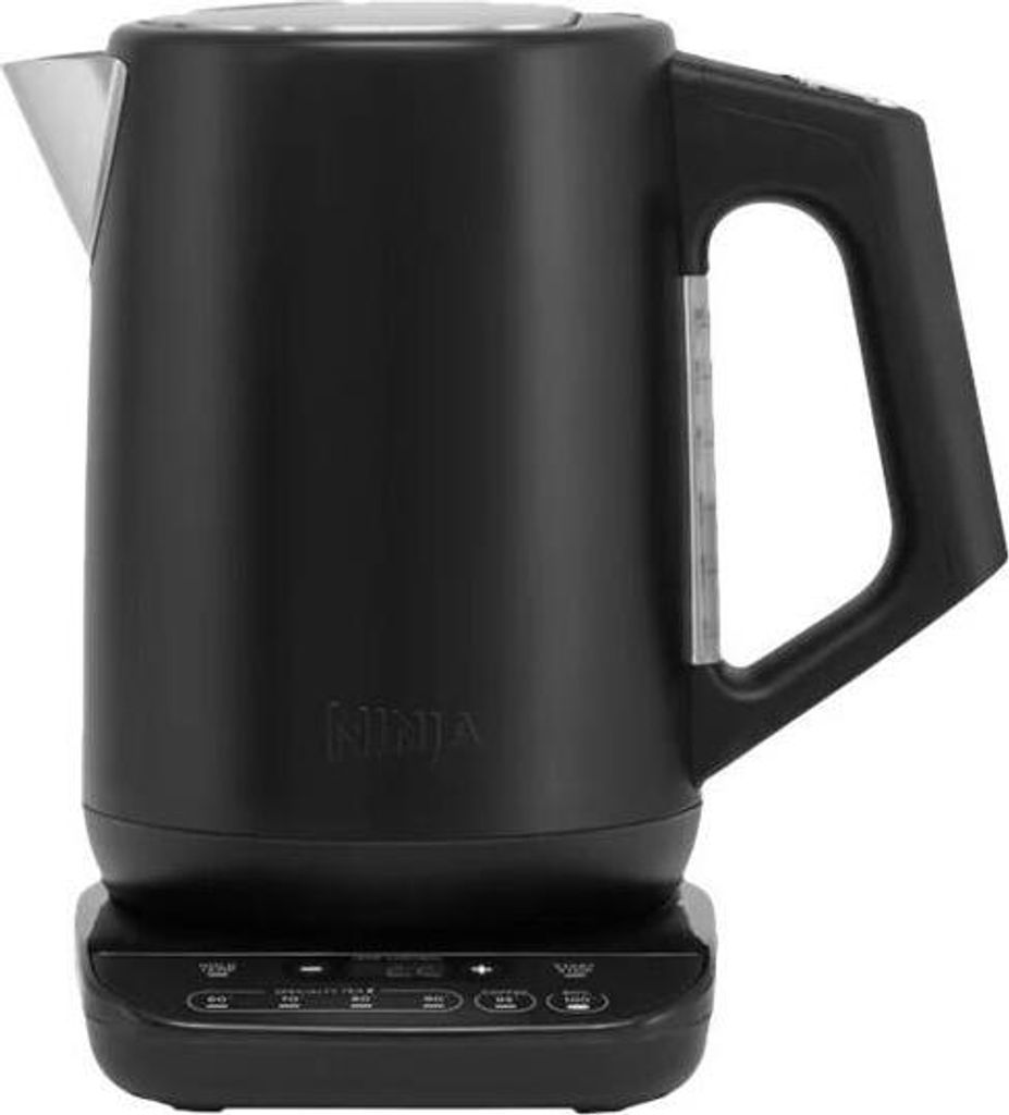 A black electric kettle with a silver spout and handle, shown on a white background.