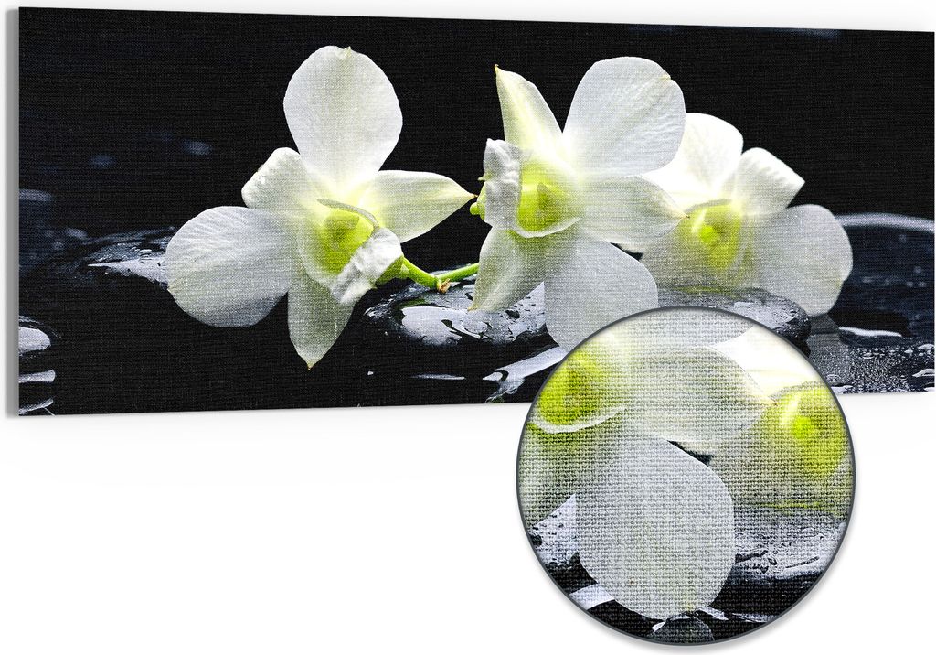 DEQORI Hybrid Leinwand Bild 150x60 cm 'Orchidee mit Zen-Steinen' Wandbild Glas flach modern
