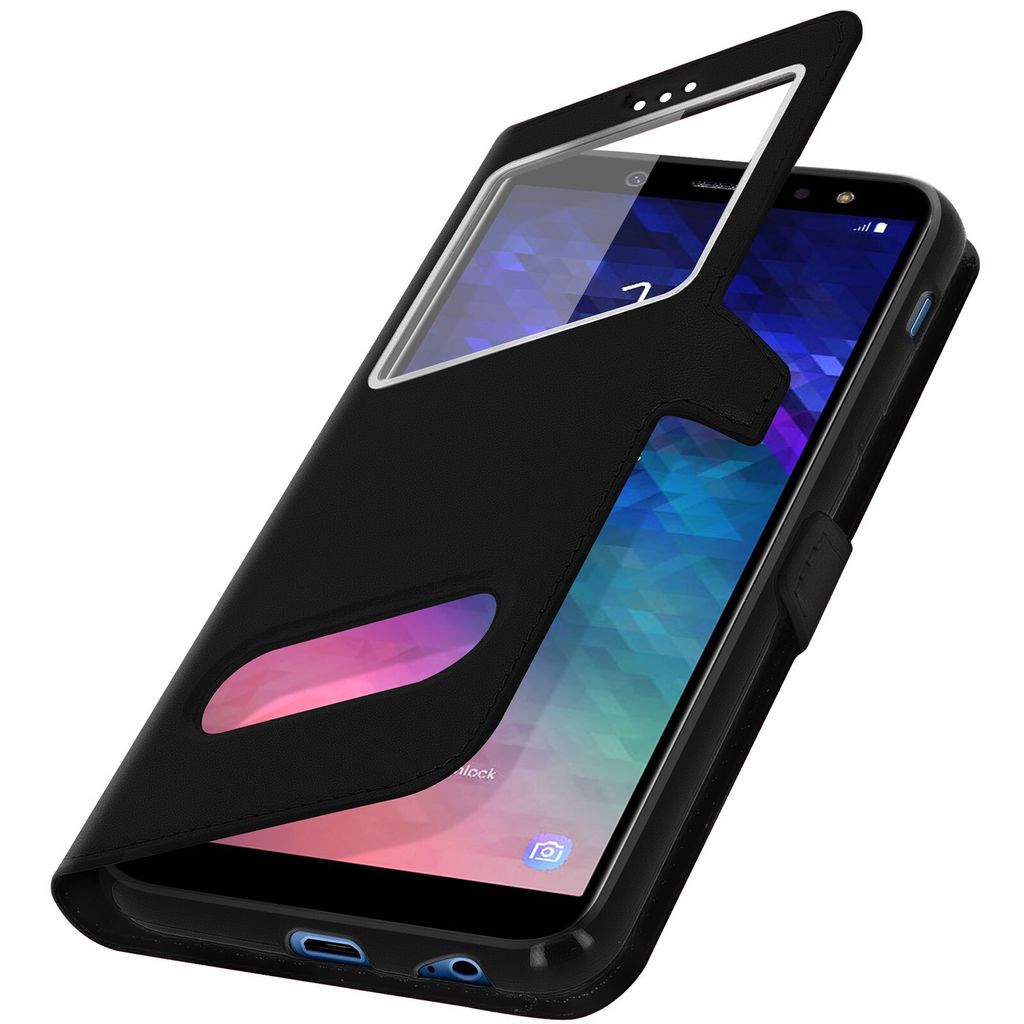 Avizar, Galaxy A6 Plus Folio Etui mit Doppelfenster und Standfunktion, Schwarz