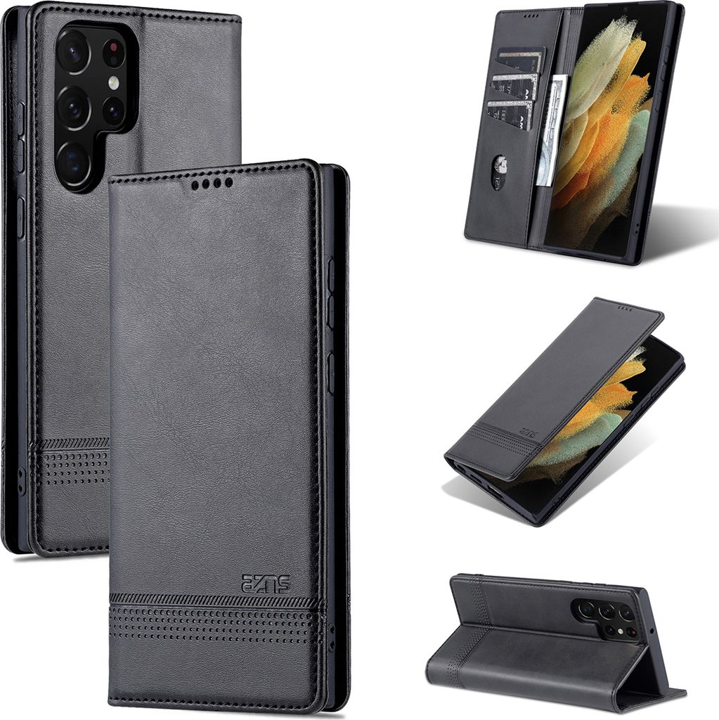 Galaxy S22 Ultra 5G Leder Hülle, Klapphüllen Brieftasche Magnetverschluss Ständer Schutzhülle für Samsung Galaxy S22 Ultra 5G Schwarz