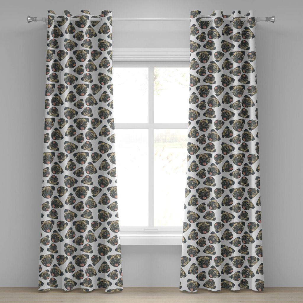 ABAKUHAUS Mops Ösenvorhang, Nette spielerische Tier-Hundeköpfe mit den Zungen heraus und Schmutz-Effekt, Dekorative 2-Panel-Fenstervorhänge, 280...