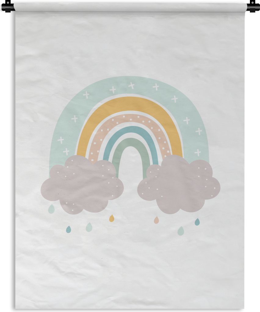 MuchoWow Wandteppich Wandbehang Regenbogen - Wolken - Regen - Kinder - Pastell 150x200 cm Tapisserie Dekoration Wandtuch - Wandaufhängung - Mode...