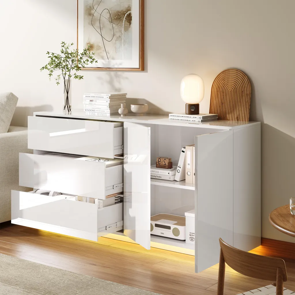 Buffet de salon blanc laqué 160 cm ProximaX avec LED et 3 tiroirs chic