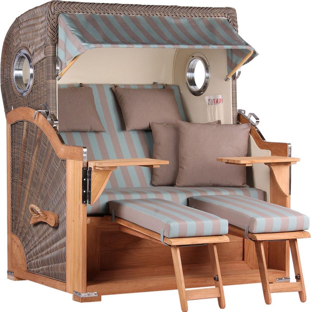 Strandkorb Baltikum Teak PE Grey 2,5 Sitzer Volllieger mit Bullaugen