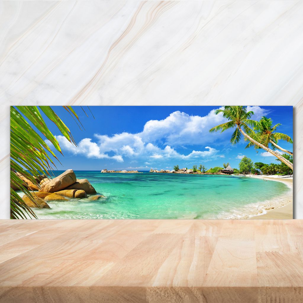 Tulup Küchenrückwand Spritzschutz aus Glas -125x50 -Spritzschutz auf gehärtetes Glas Deko Landschaften Seychellen Strand