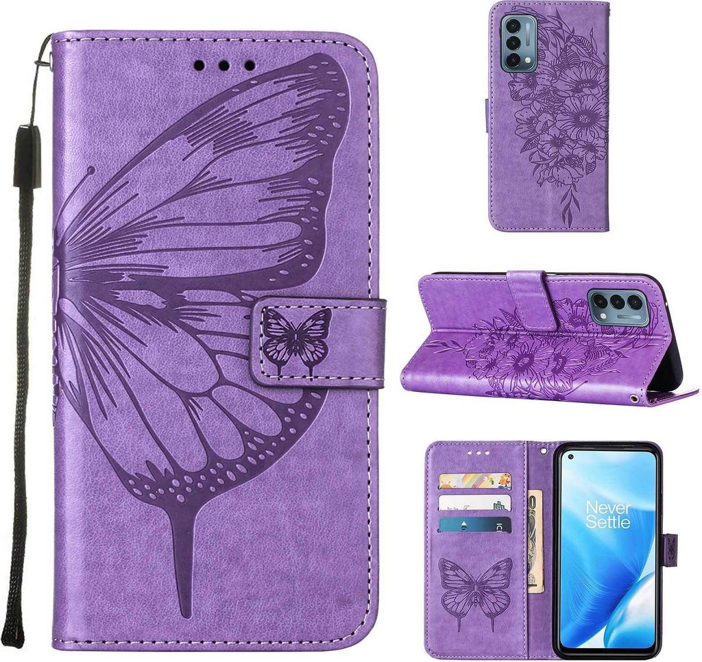 OnePlus Nord N200 5G Hülle, Schmetterling Prägung Flip Leder Kartenfächer Schutzhülle Ledertasche mit Ständer für OnePlus Nord N200 5G Violett