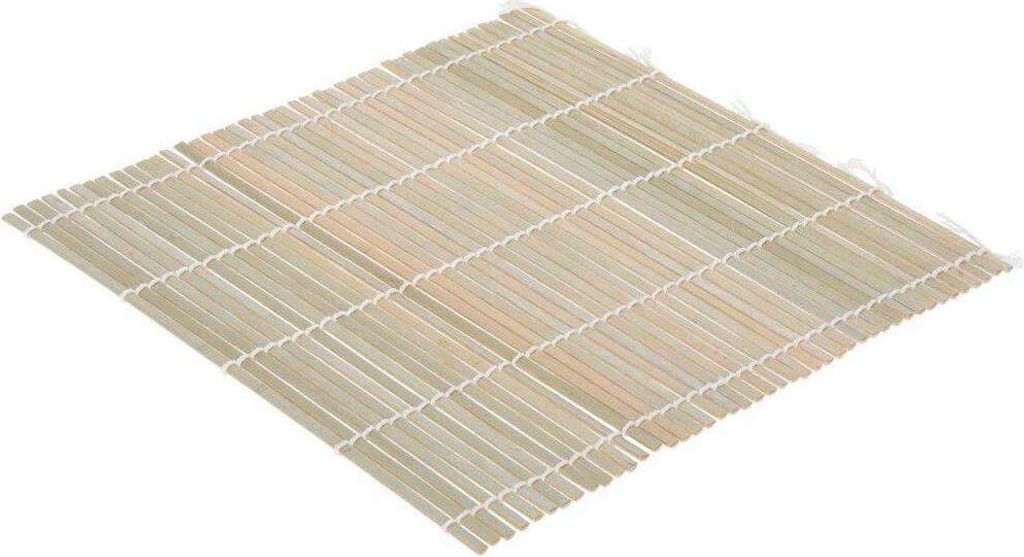A bamboo sushi rolling mat is shown on a white background.