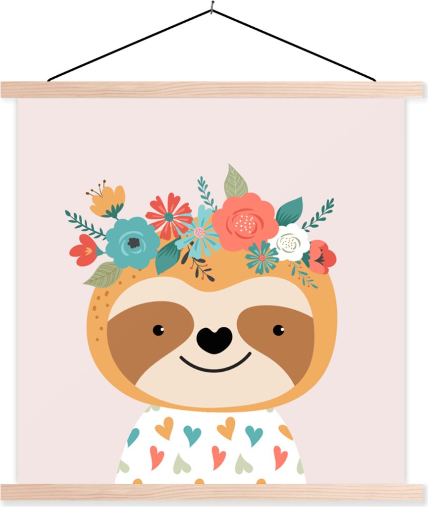 MuchoWow Textilposter Faultier - Blumen - Pastell 120x120 cm mit holzfarbenen Rahmen - Textil-Poster