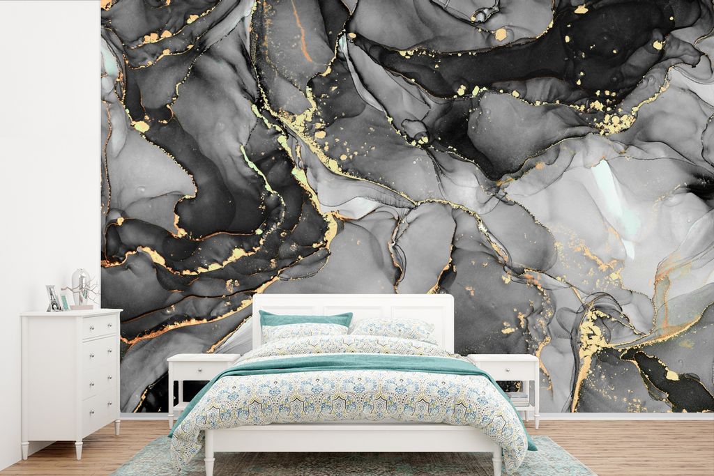 MuchoWow Fototapete für Wohnzimmer oder Schlafzimmer Wandtapete Vinyl Motivtapete Marmor - Schwarz - Gold - Grau - 420x280 cm - Zimmer für Kinder