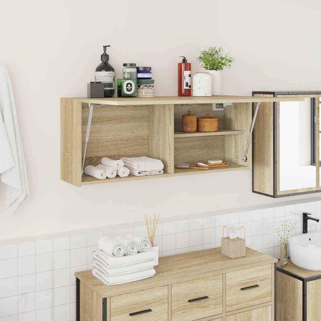 A bathroom scene with a wall-mounted cabinet and a vanity cabinet.