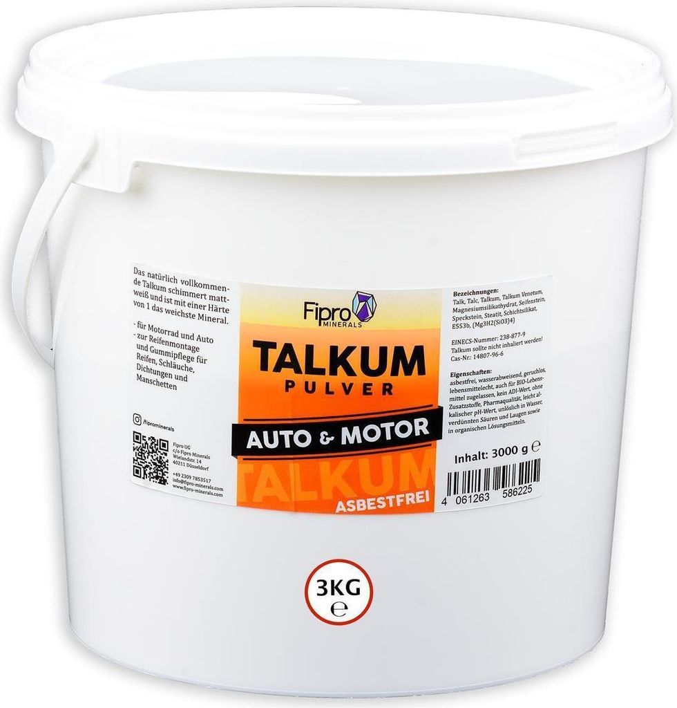 Talkum für Gummipflege Reifenmontage 3kg Eimer Asbestfrei & aus 100% Talc Talk, Talkumpuder ohne Zusatzstoffe - für die direkte Anwendung an Schl...