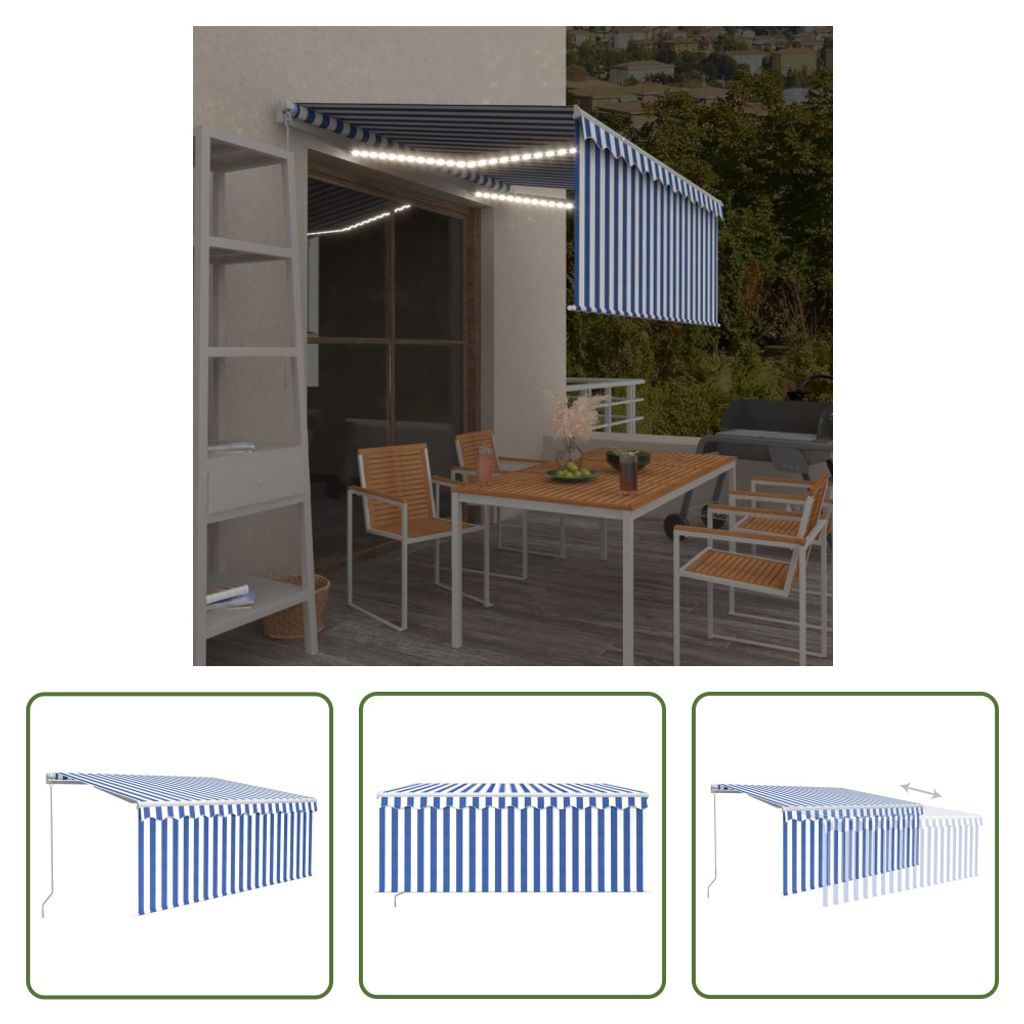 The Living Store Markise Manuell Einziehbar mit Rollo & LED 3x2,5m Blau & Weiß