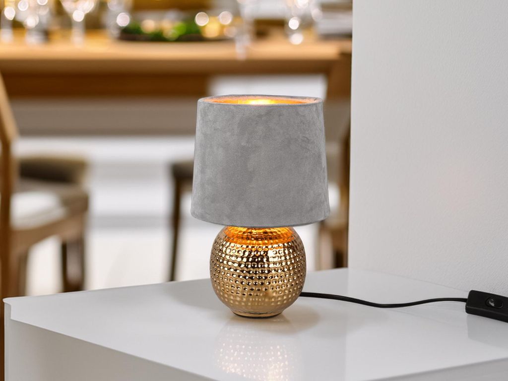 LED Tischleuchte Landhaus Stil Grau/Gold Keramikfuß Samtschirm Nachttischleuchte