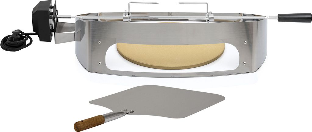 A stainless steel pizza ring set with a grill skewer and pizza peel, shown on a white background.