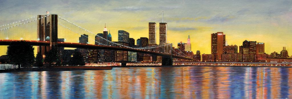 New York Kunstdruck Bild - Brooklyn Bridge Bei Morgenröte Mit Skyline (30 x 91 cm)