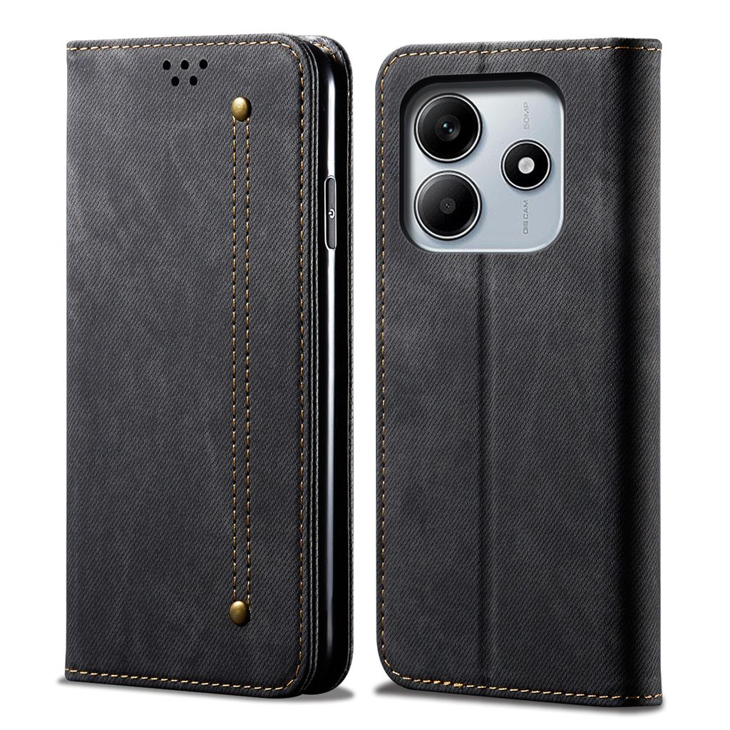 A black flip-style phone case for a Xiaomi Redmi Note 14 5G is shown from the front and side.