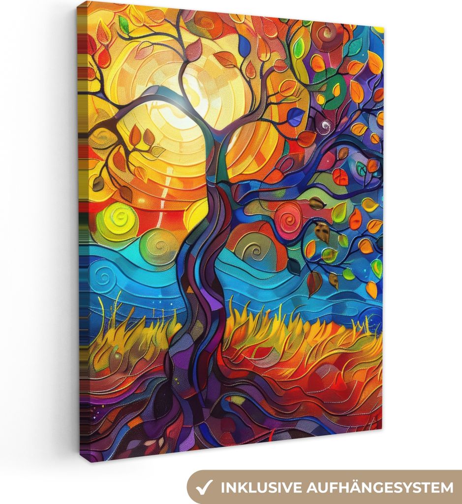 MuchoWow - Leinwandbilder - Baum - Sonne - Lackierung - Farben - Abstrakt, Wandbild, Wanddeko Bilder Wohnzimmer, 90x120 cm