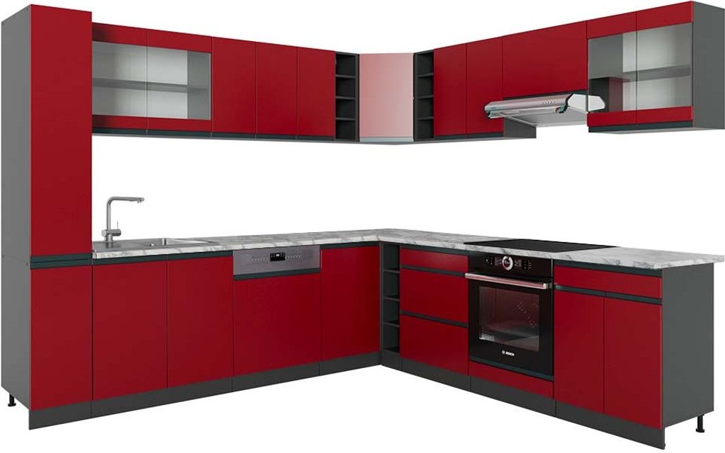 Eckküche Vicco R-Line Rot/Anthrazit 277 x 60 cm J-Shape, AP Marmor, Model 43115