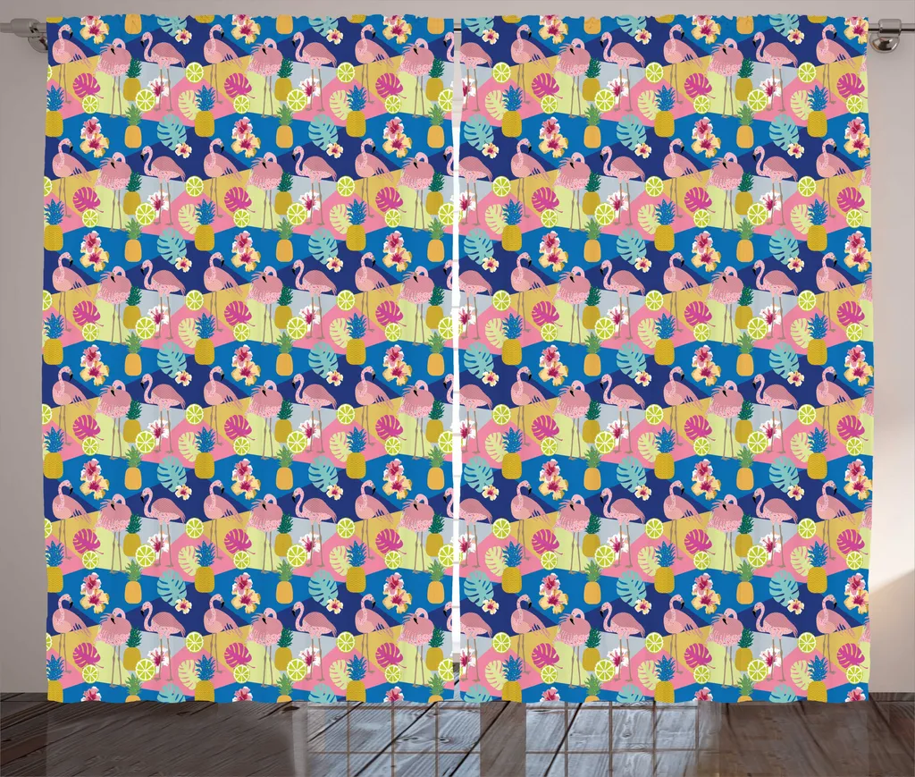 Rideau tropical ABAKUHAUS avec flamants roses et monstera 280 x 225 cm