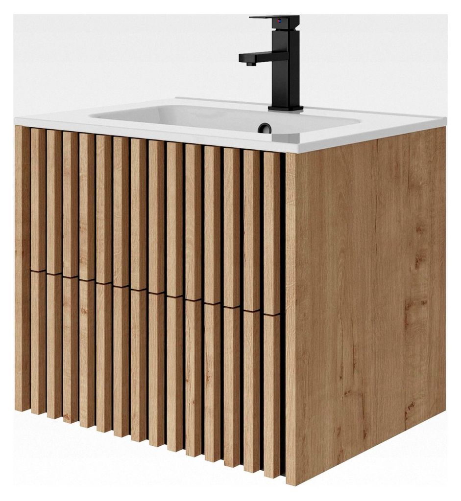 Waschtisch mit Unterschrank, hängend, 60 cm, Keramik Waschbecken, Badezimmermöbel für Gäste-WC, Badmöbel Set, Natur