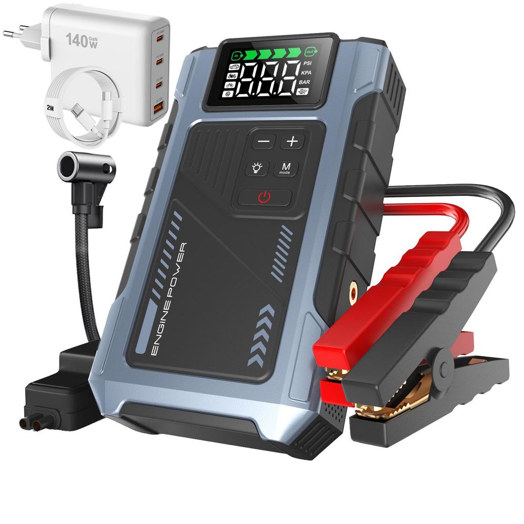 5 in1 Auto Starthilfe Startgerät Booster mit 150PSI Luftkompressor Jump Starter 6000A 12000mAh, Powerbank mit PD-140W Schnellladegerät Adapter