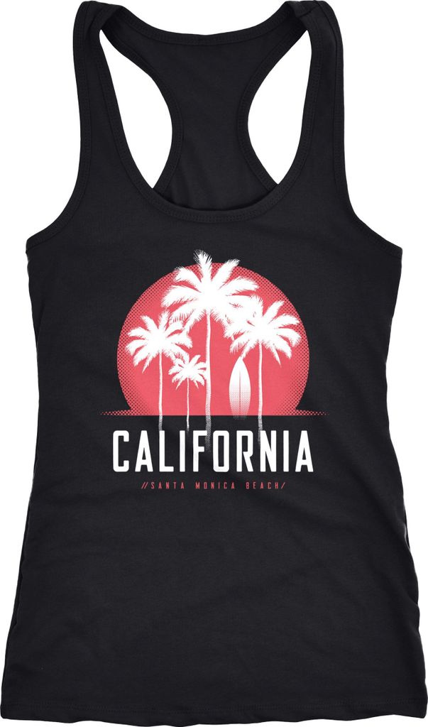 Damen Tank-Top California Palmen Santa Monica Beach Sommer Sonne Printshirt Fashion Streetstyle Racerback Neverless schwarz XL