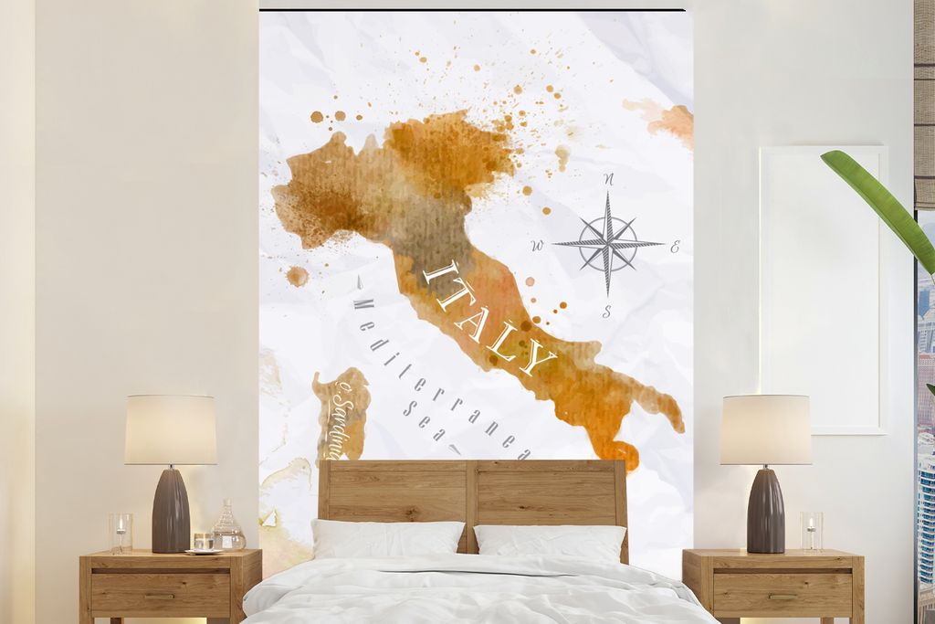 MuchoWow Fototapete für Wohnzimmer oder Schlafzimmer Wandtapete Vinyl Motivtapete Weltkarte - Farbe - Italien - 200x300 cm - Wanddekorationen