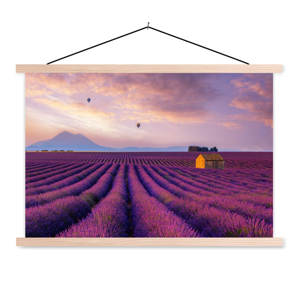 MuchoWow Textilposter Lavendel - Heißluftballon - Berg - Lila 120x80 cm mit holzfarbenen Rahmen - Aufhängeset