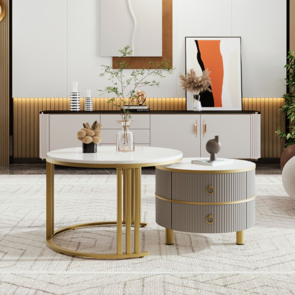 CDGlobal 2er Set Couchtisch rund Beistelltisch mit Schublade und goldenen Metallbeine, hochglanz Marmoroptik aus Holz