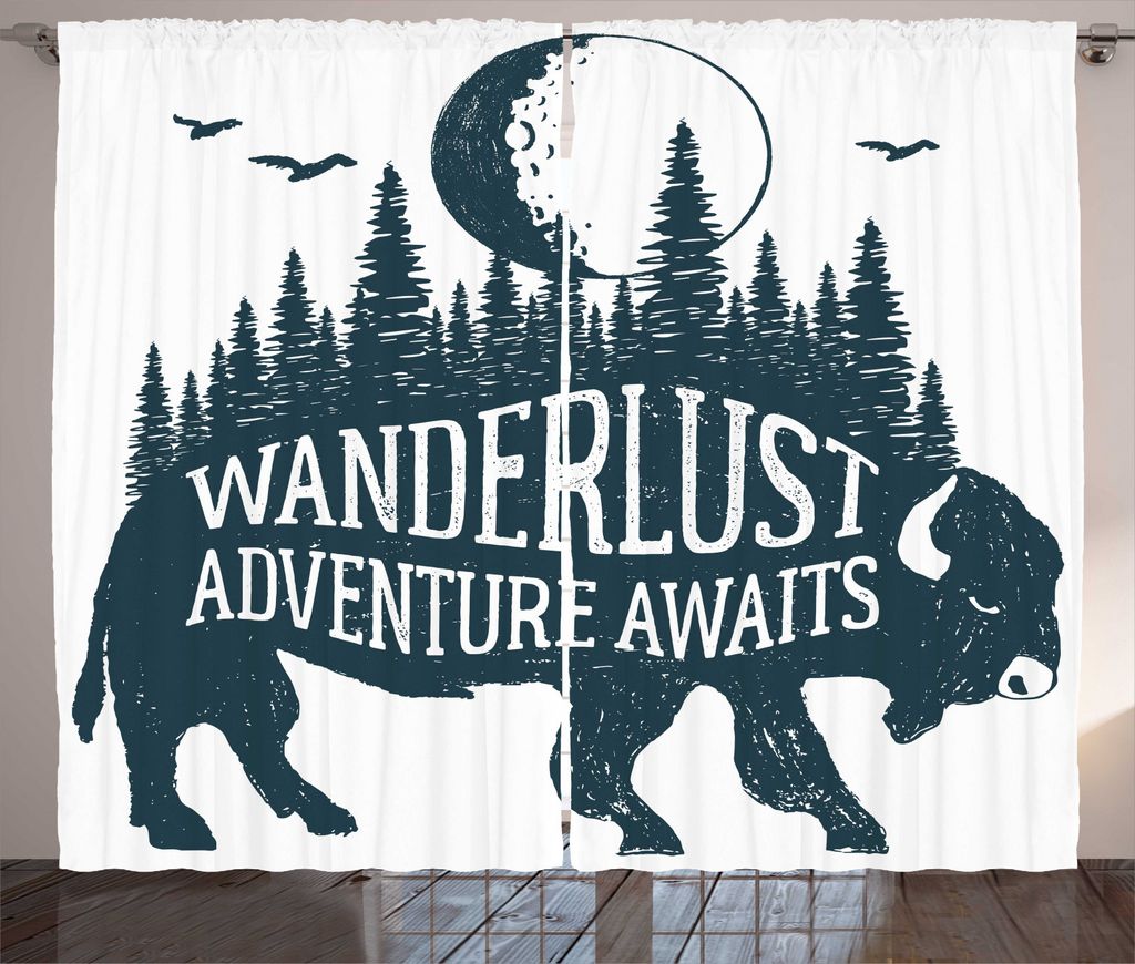 ABAKUHAUS Abenteuer Rustikaler Gardine, Buffalo Wald Mond, Schlafzimmer Kräuselband Vorhang mit Schlaufen und Haken, 280 x 245 cm, Dunkel Petrol B...