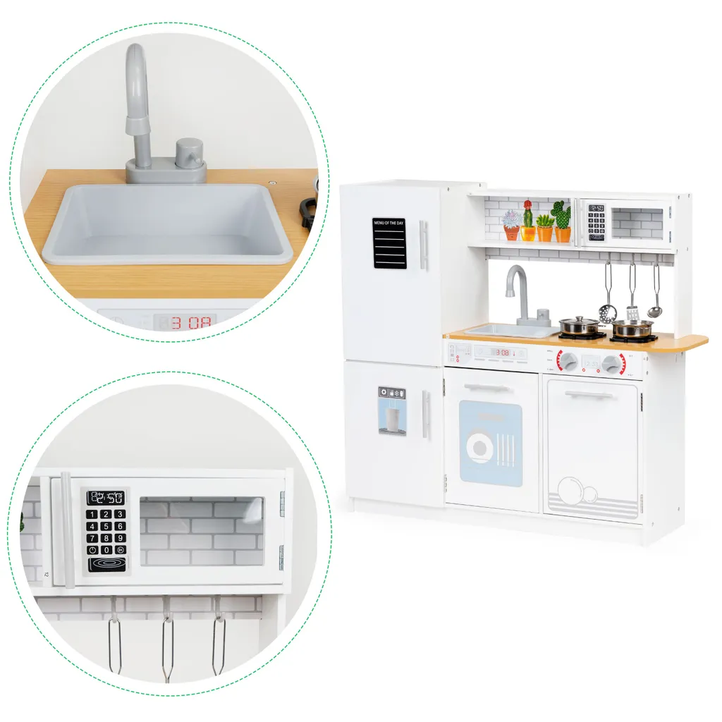 Cuisine bois enfant lumineuse LED interactive avec batterie de cuisine
