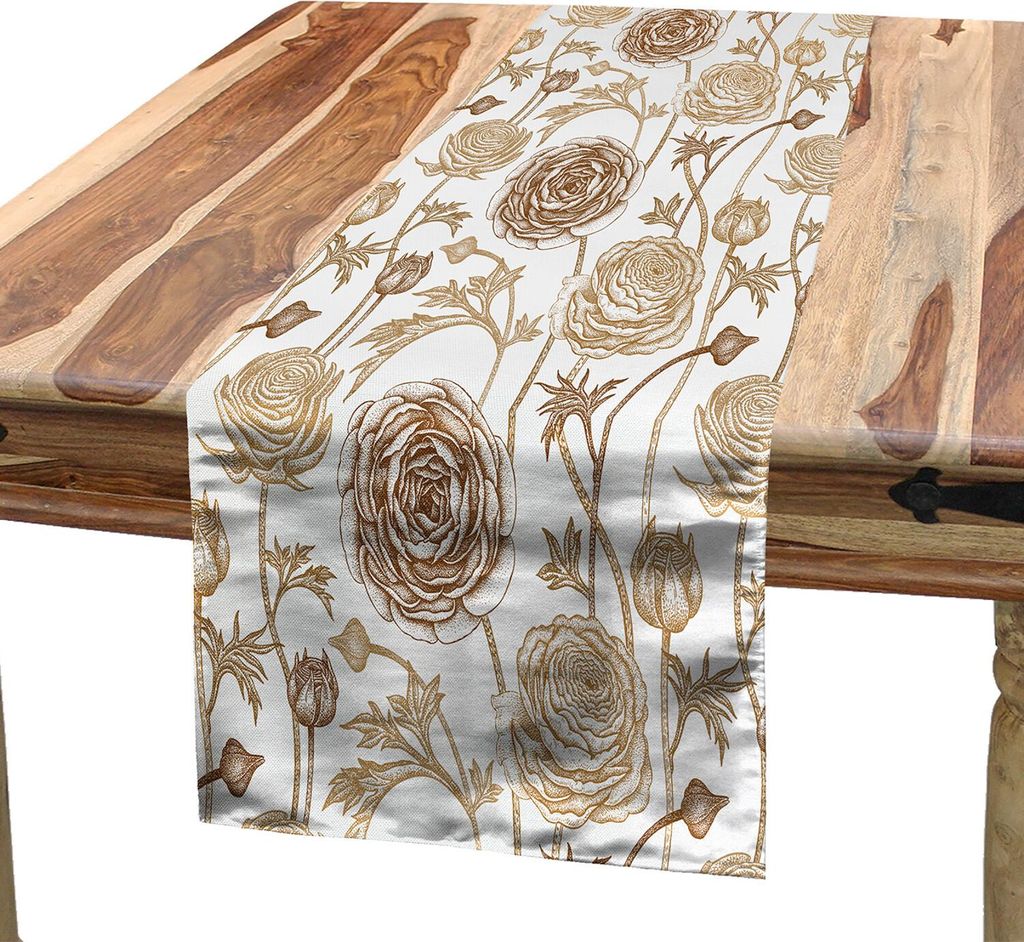 ABAKUHAUS Braun und weiß Tischläufer, Vintage Illustration von Aufkeimende Buttercup Blumen Garten Pflanzen, 40 x 180 cm, Hellbraun Weiß