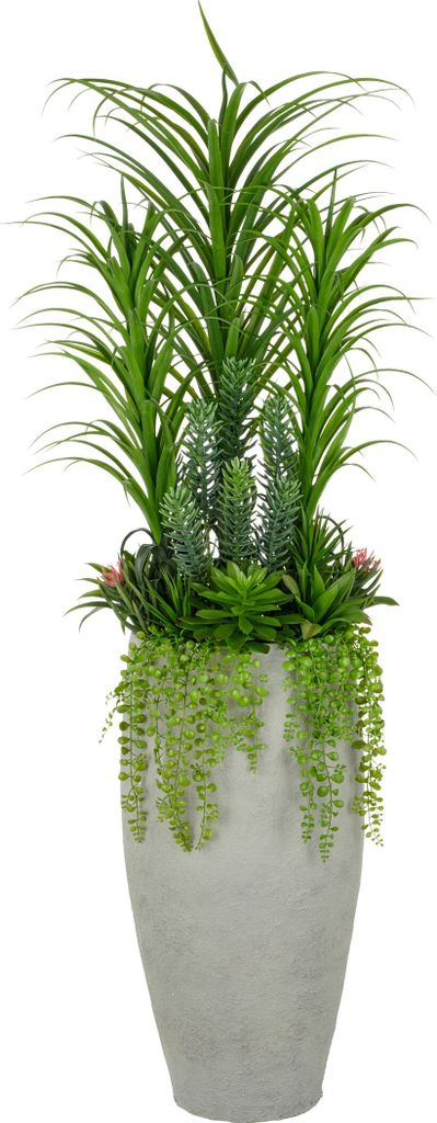 Natürlich wirkendes Sukkulentenarrangement 175cm grün im grauen Fiberclay-Topf 45x80cm mit Kies, UV-beständig