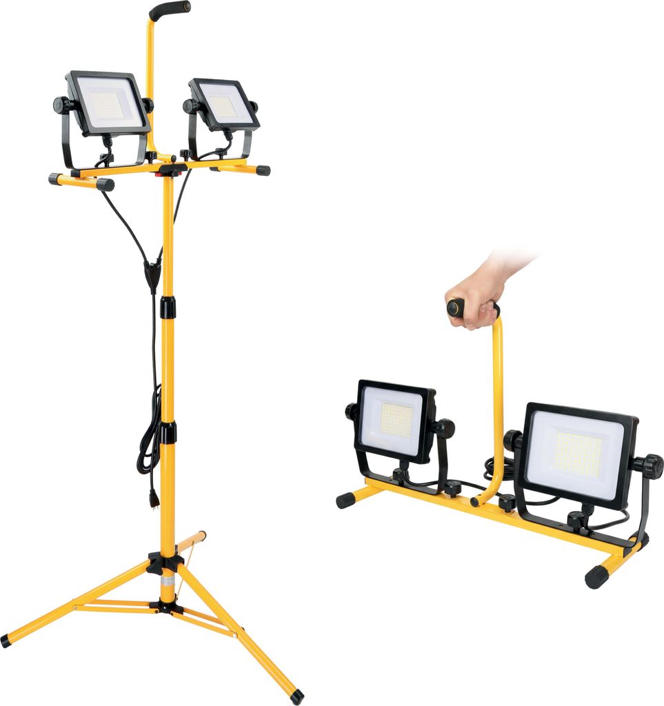 Two views of a yellow and black LED work light with a tripod stand and a portable base.