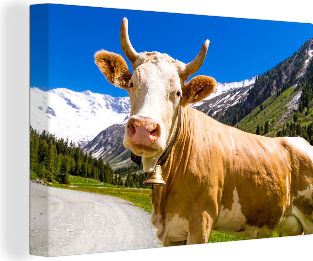 OneMillionCanvasses - Leinwandbilder - 140x90 cm, Kuh - Schnee - Alpen, Wandbilder Kunstdruck Wanddekoration - Foto auf Leinwand - Gemälde auf H...