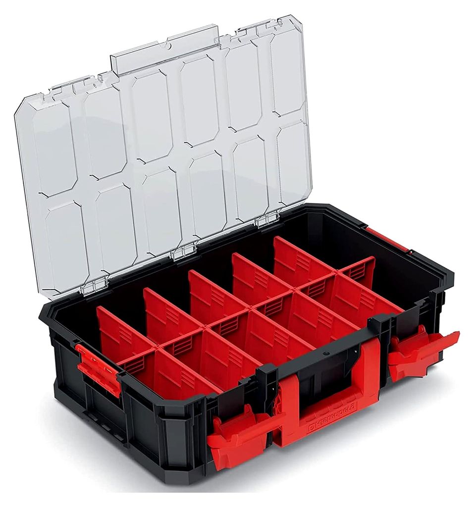Sortimentskasten Werkzeugkiste Kleinteile Organiser (mit Trennwänden, stapelbar, Metallscharniere, transparenter Deckel, Modular Solution 517 x 33...