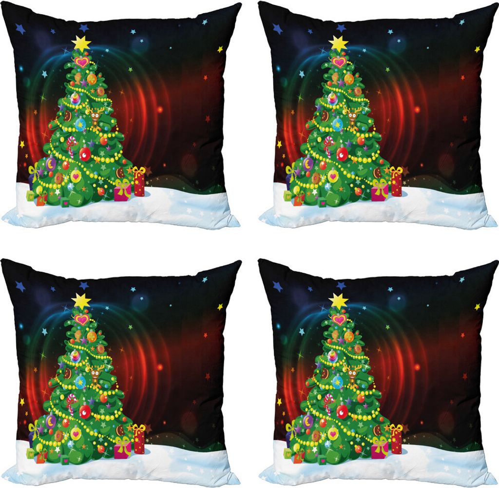 ABAKUHAUS Weihnachten Kissenbezug Set (4 Stück), Weihnachtsbaum-Karikatur, Moderner Doppelseitiger Digitaldruck, 60 cm x 60 cm, Mehrfarbig